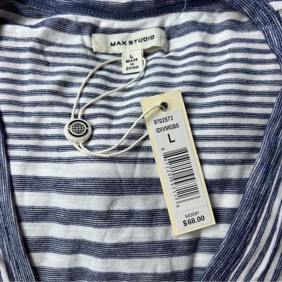 Max Studio Womens Striped Blouse Blue Short Sleeve Button Up Tie Front Large - Picture 6 of 8